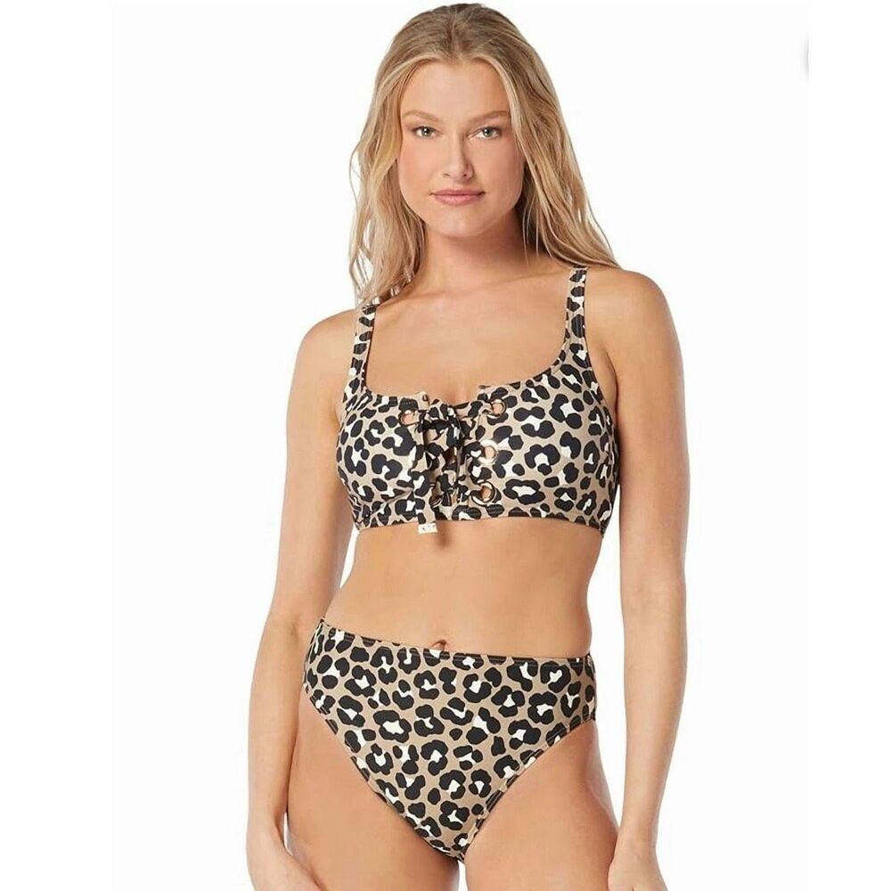 Michael Kors Leopard Print Bikini Set – Gold Grommet Lace-Up Top Size L